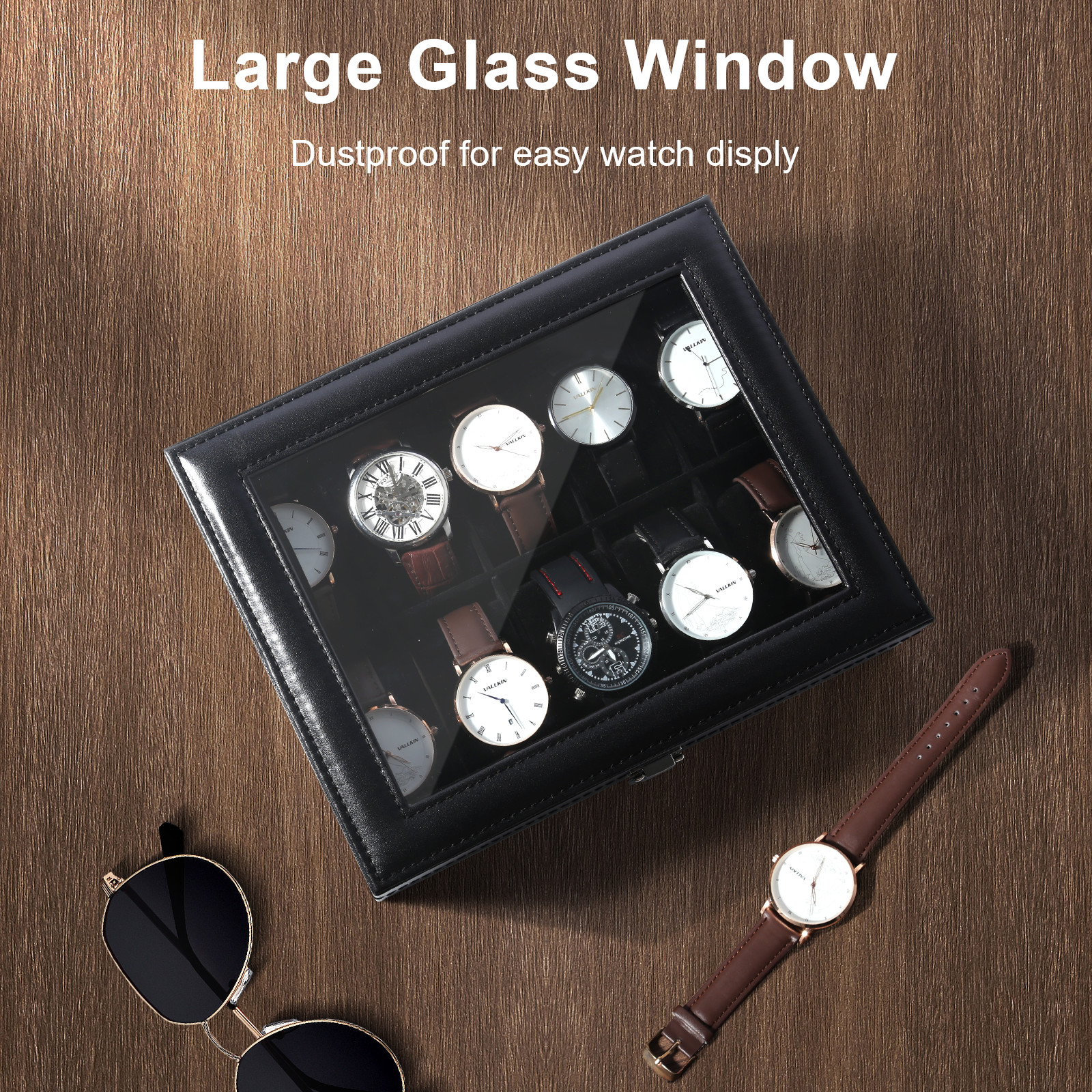 10 Slots Watch Box PU Leather Watch Case Storage Glass Lid Jewelry Display Case