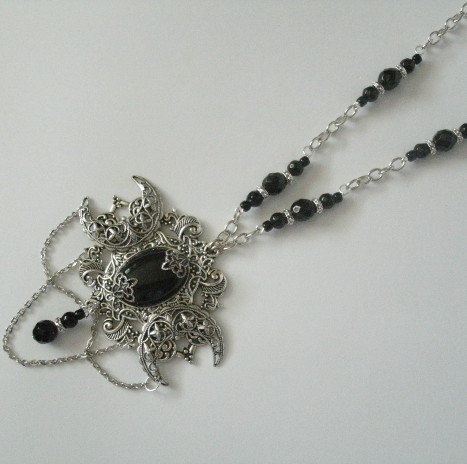 Black Onyx Crescent Moon Gothic Victorian Medieval Renaissance Goth Necklace