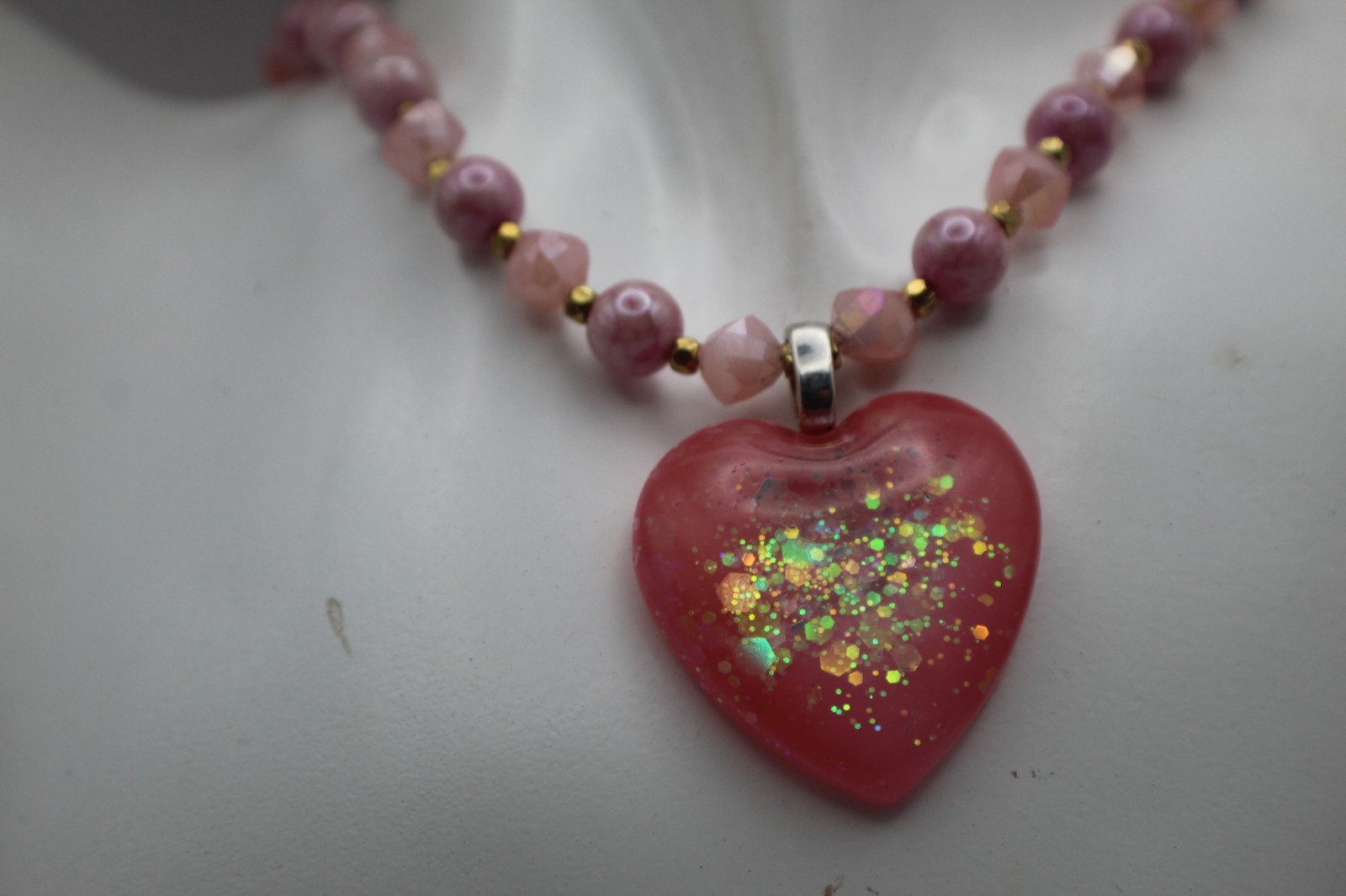 Beautiful Pink Resin Heart Shaped Pendant On A Matching Beaded Necklace