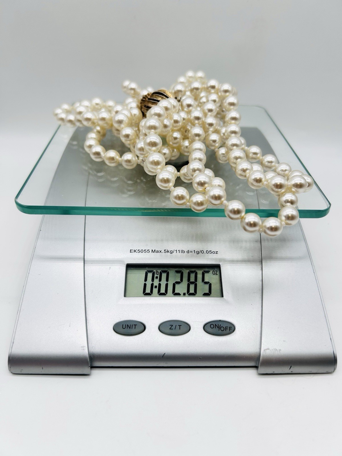 Vtg-TRIPLE STRAND-Multi-Length-FAUX PEARL NECKLACE-Gold Tone-Large Box Clasp