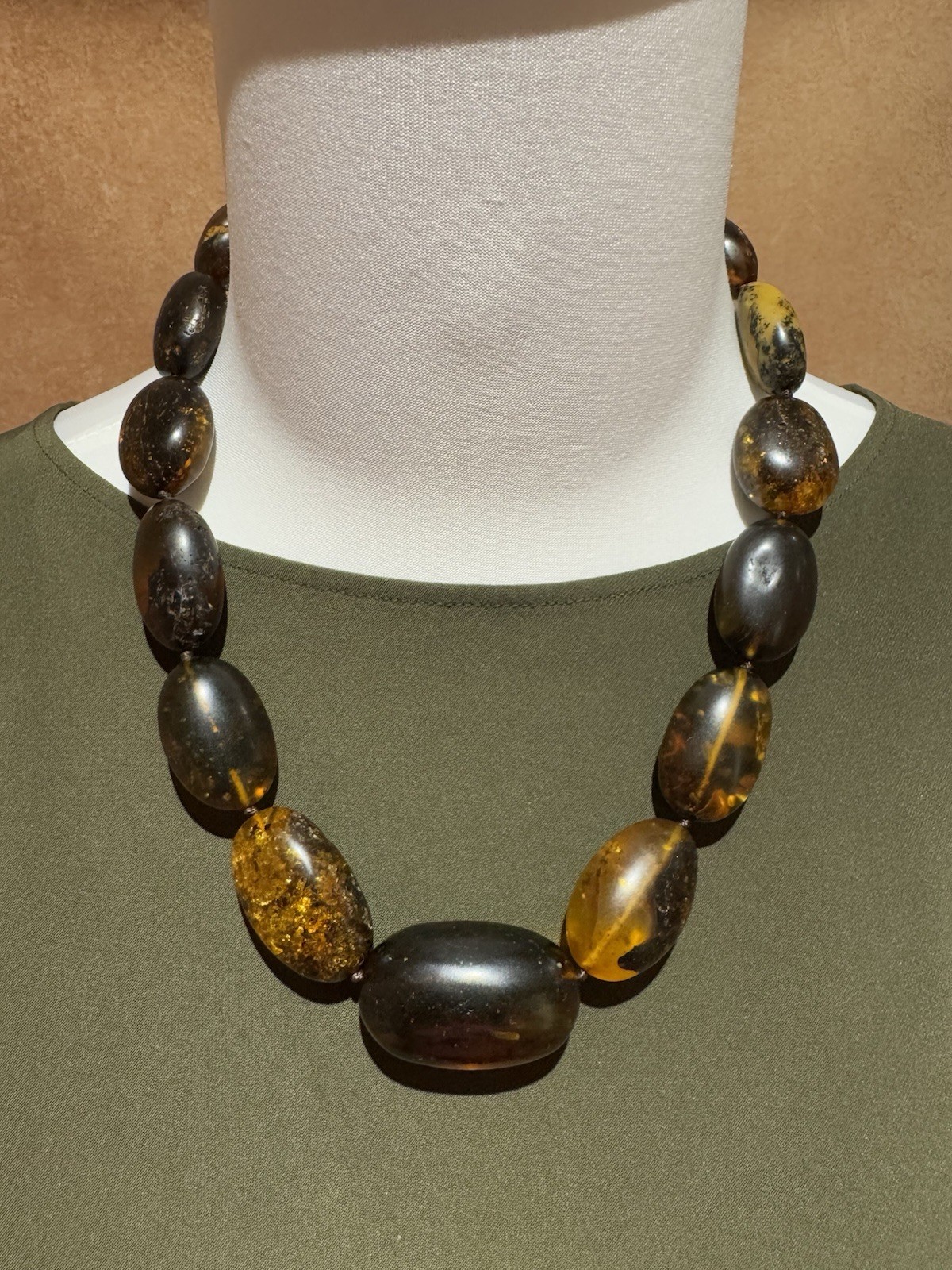 Natural Baltic Amber Necklace, Large Dark Cognac Honey Amber Oval Beads 94g 55cm