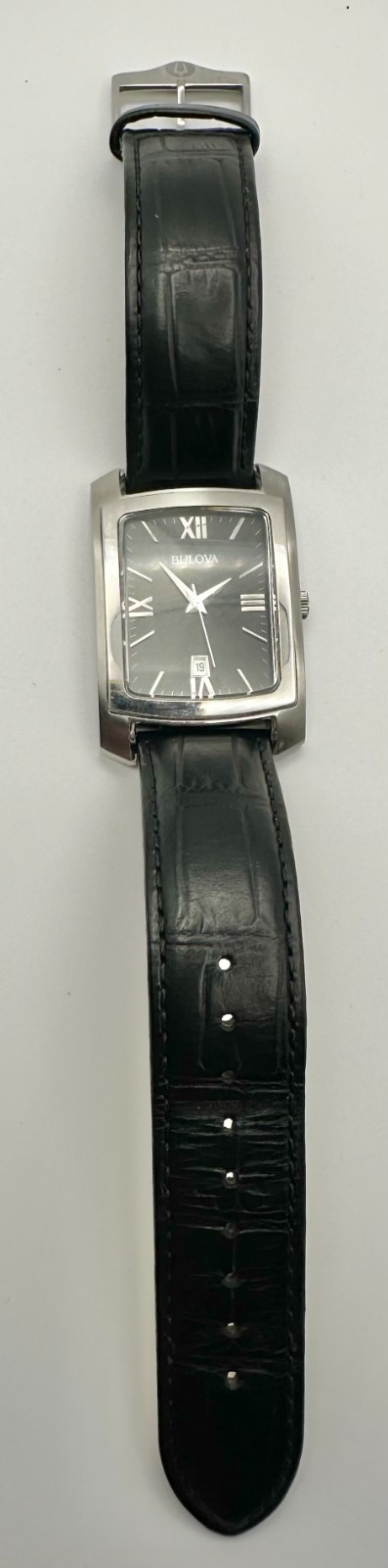 BULOVA Quartz Tank, 31mm Silver-Tone/Black Leather Band, Ref. 96B269; Fast Ship!