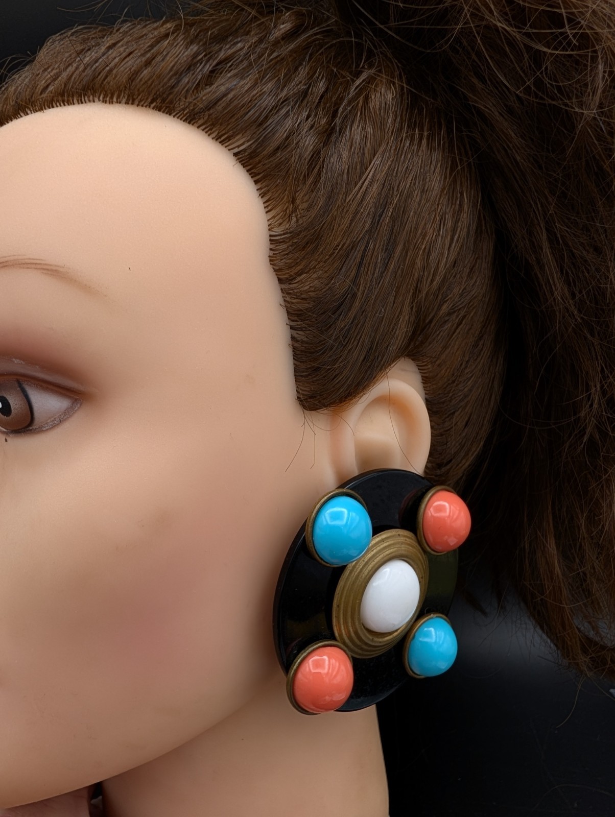 Vintage Geometric Black Blue Orange Large Bold Acrylic Clip On Earrings 2″