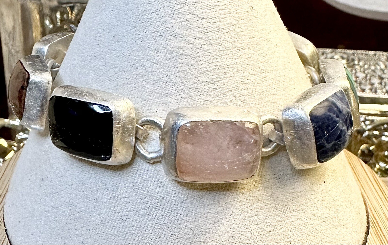Vintage Mexico Rose Quartz Onyx Malachite Lapis + 925 Silver Bracelet 7 In