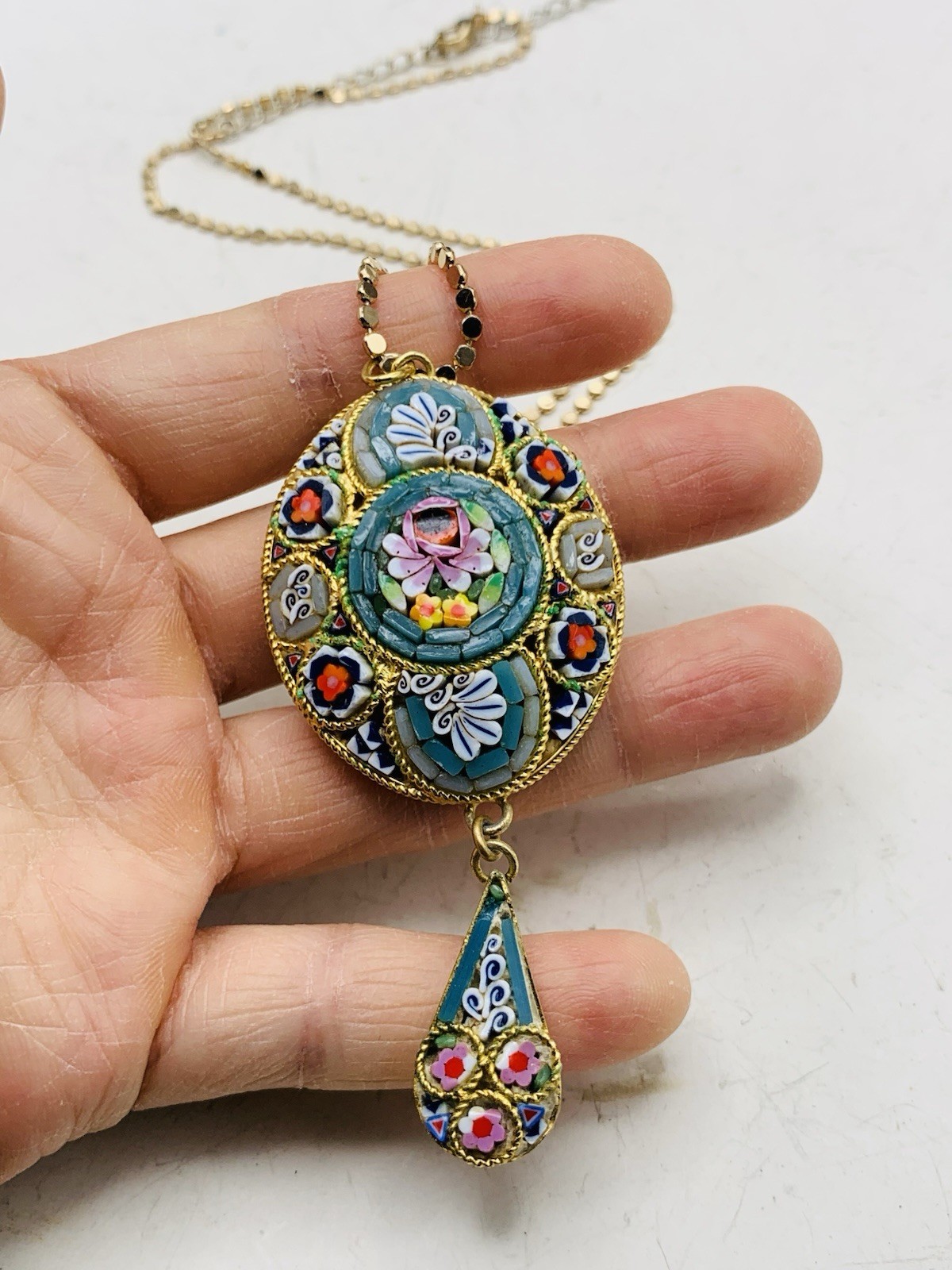 Vintage Colorful Boho Italian Micro mosaic Millefiori Floral Gold Tone Necklace
