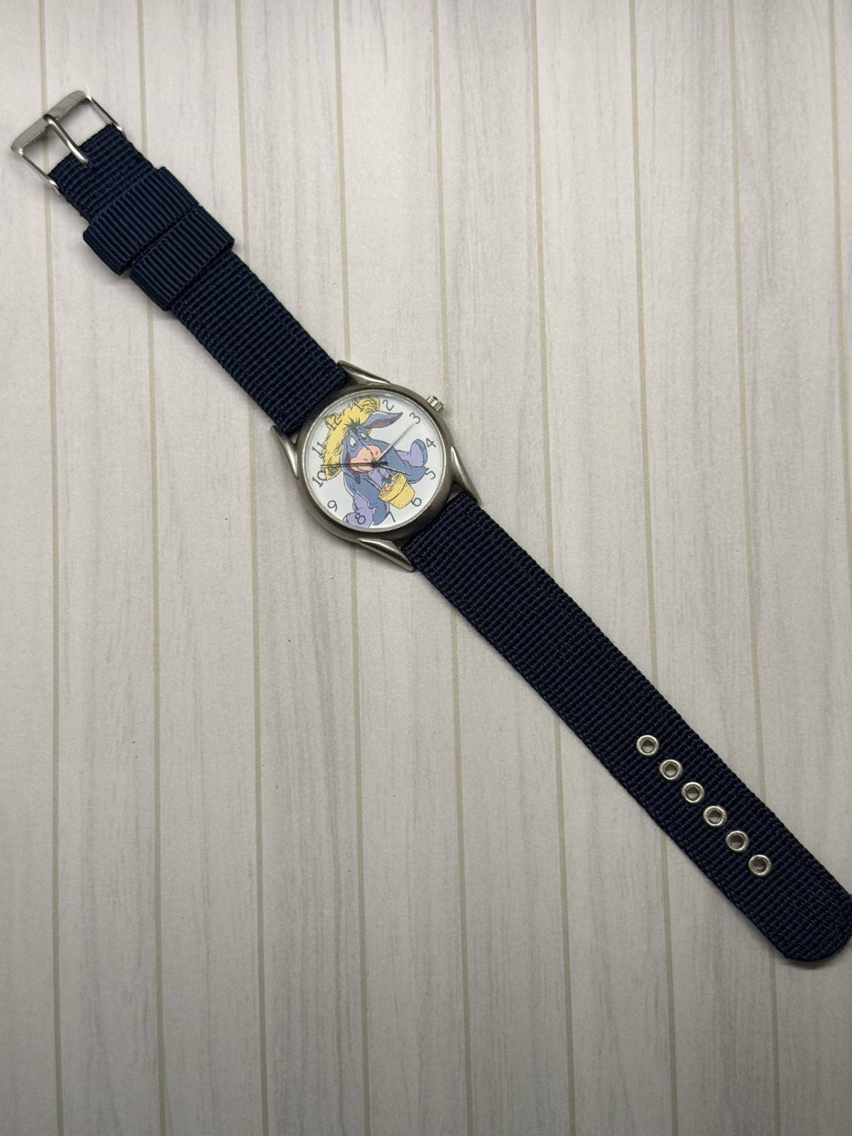 Disney Timex Farmer Eeyore 90s Character Watch Silver Case Navy NATO Strap