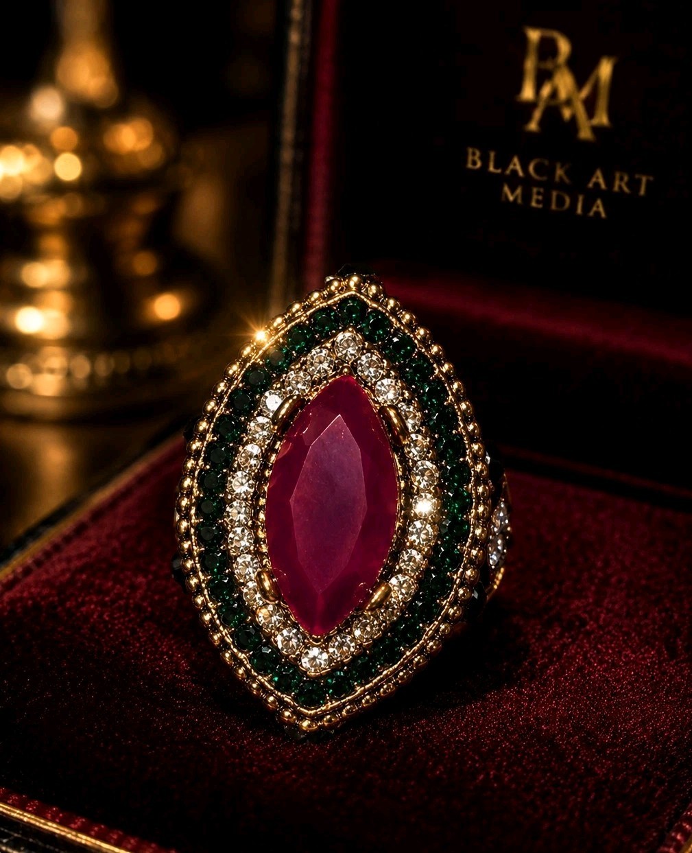 Women’s Red Marquise Crystal Statement Ring Green Clear Rhinestones Gold Tone Sz