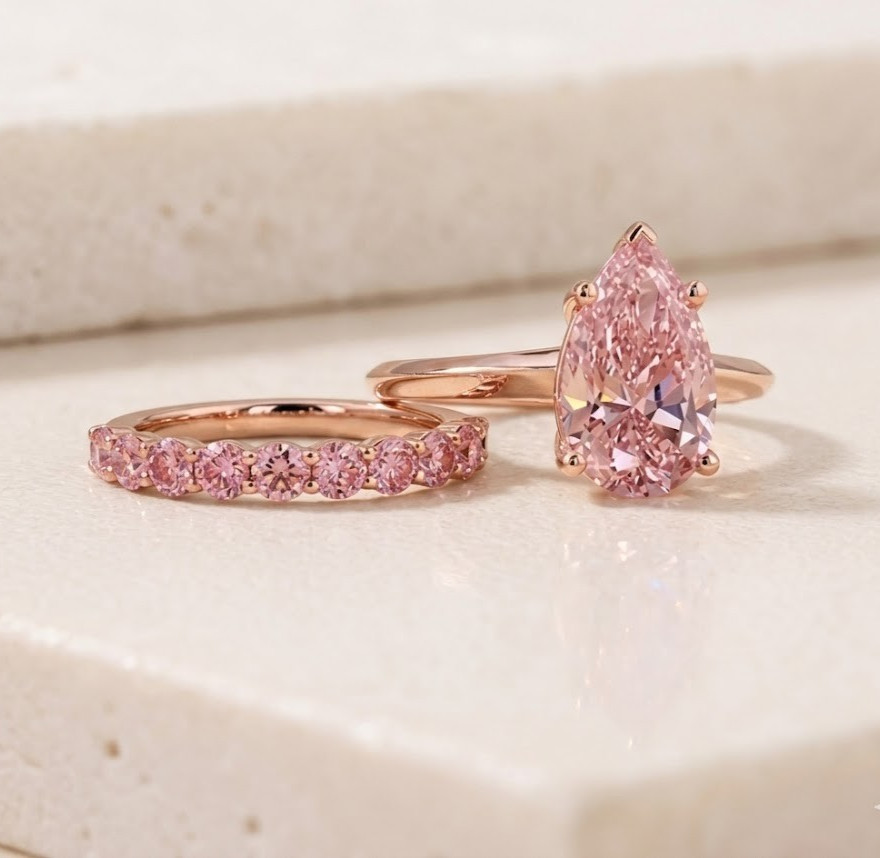 Certified 3 CT Pear Cut Pink Diamond Ring with matching band Ring-Tariffs FREE