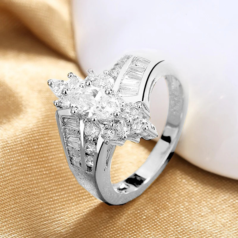 Stainless Steel Ring Marquise Cut Crystal Two Row Wedding Band Women Jewelry