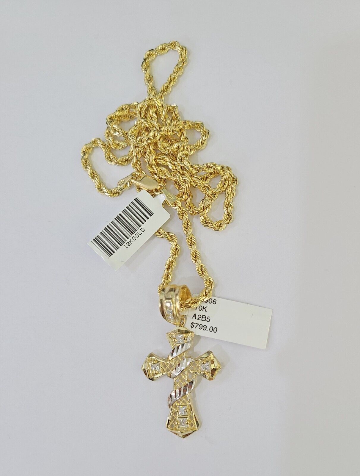 Real 10k 3mm Rope Chain Spiral Cross Pendant 18″ 20″ 22″ 24″ 26″ Gold Set