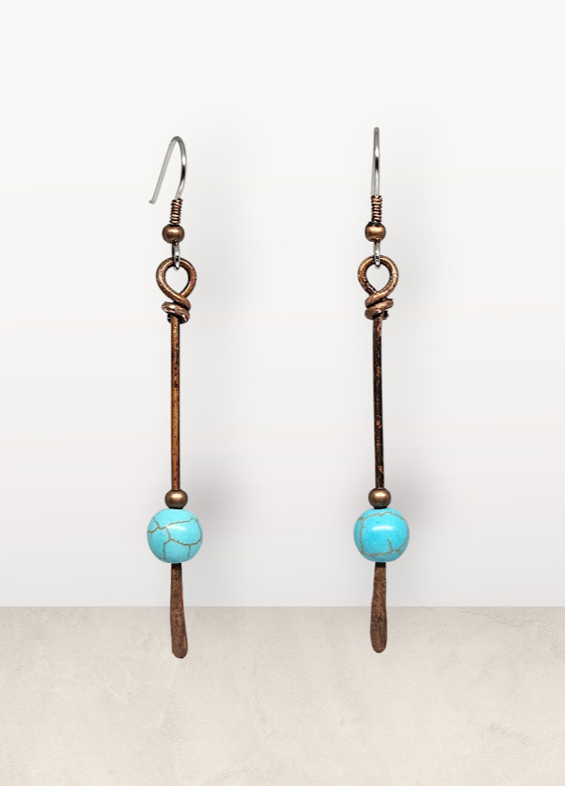 Handmade Copper Stick Dangle Earrings Blue Magnesite Beaded Boho Drop