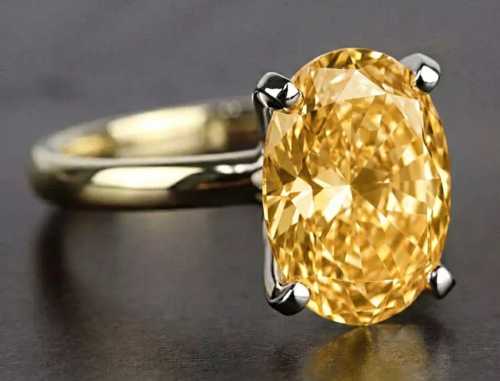 8.00 Ct Certified Oval Shape Natural Yellow Diamond Ring VVS1 Yellow Gold Finish