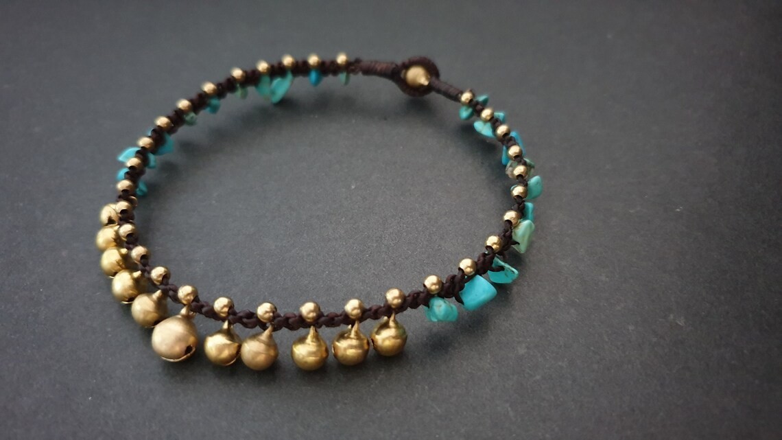 Jingling Brass Bell Chip Stone Anklet,Beaded Anklet,Women Anklet,Turquoise