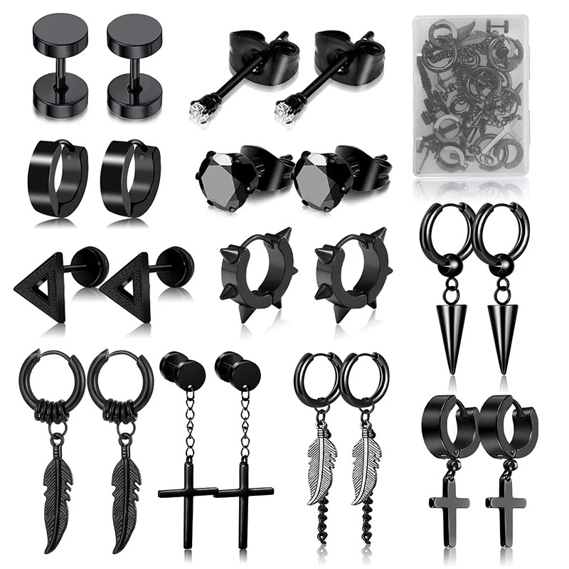 Black Punk Stainless Steel Stud Earrings Round Vintage Piercing Black Jewelry