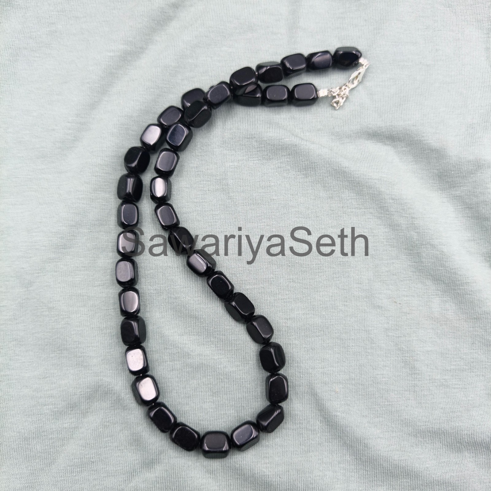 Black Tourmaline Square Beads Necklace, 8mm Natural Gemstone Necklace, Sterling