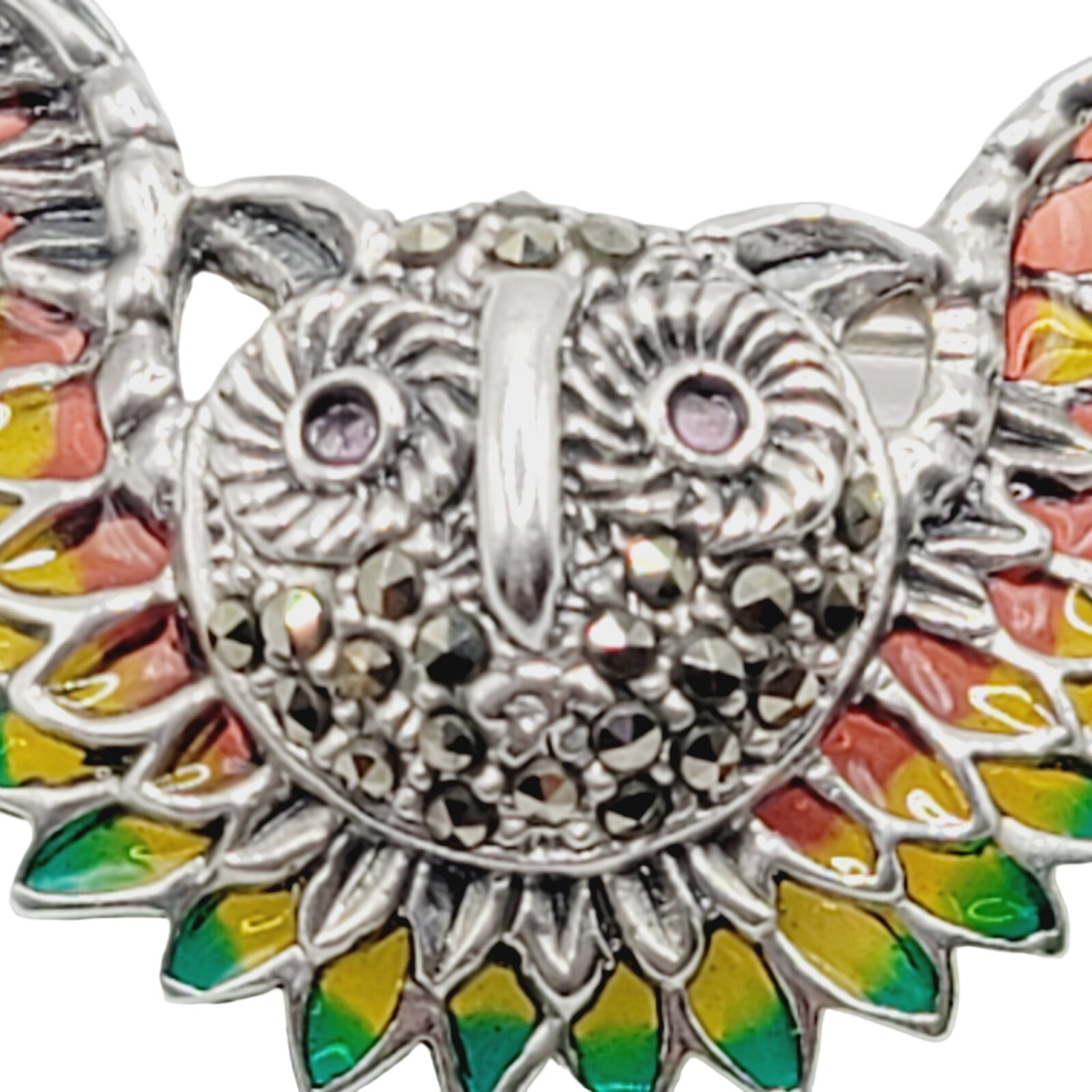 Handmade 925 Sterling Silver Plique Enamel Ruby Marcasite Brooch Owl in Flight