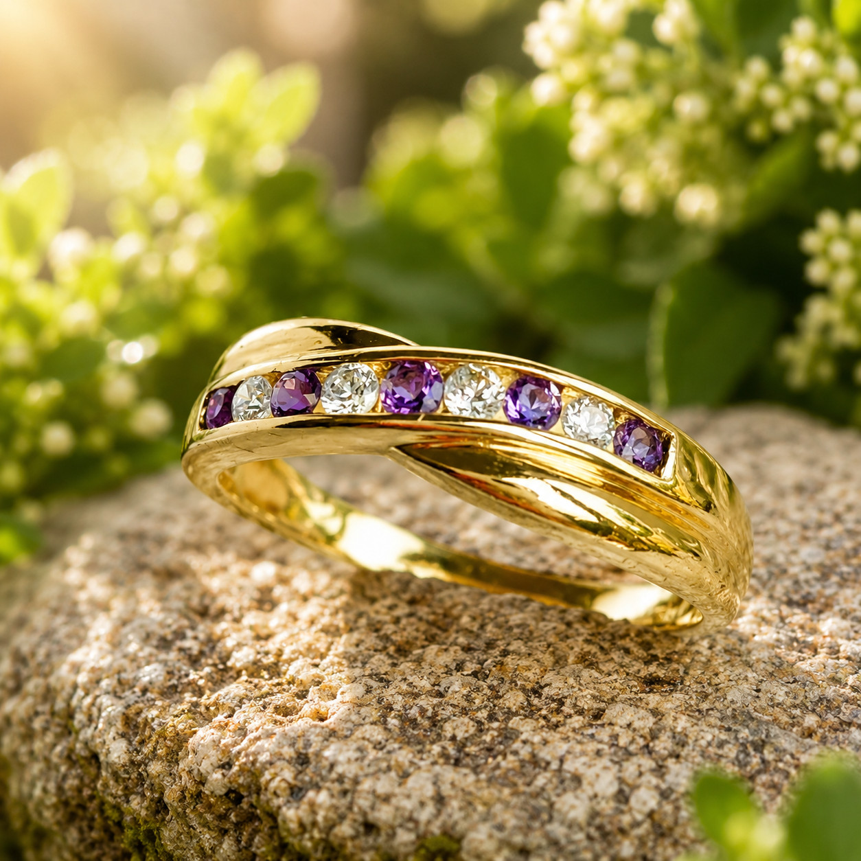 1Ct Round Lab Created Amethyst Wedding Band Ring 14K Yellow Gold Plated Silver