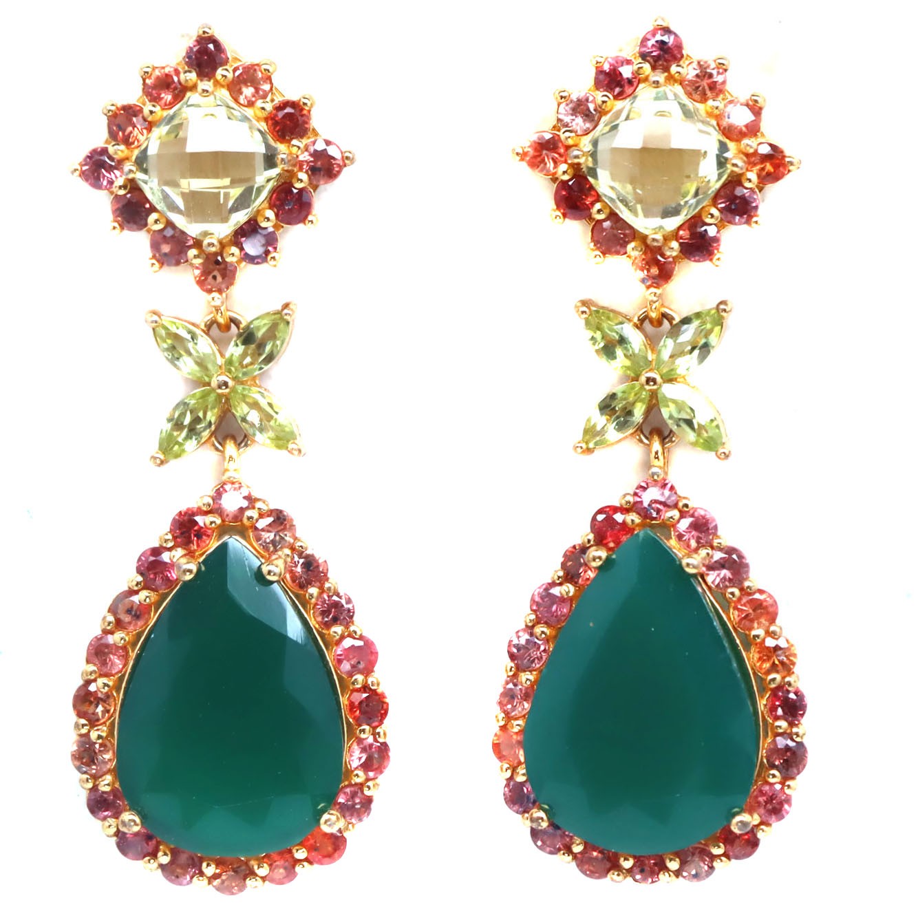 925 Sterling Silver 12 x 18 MM. Green Agate, Quartz, Peridot & Sapphire Earrings