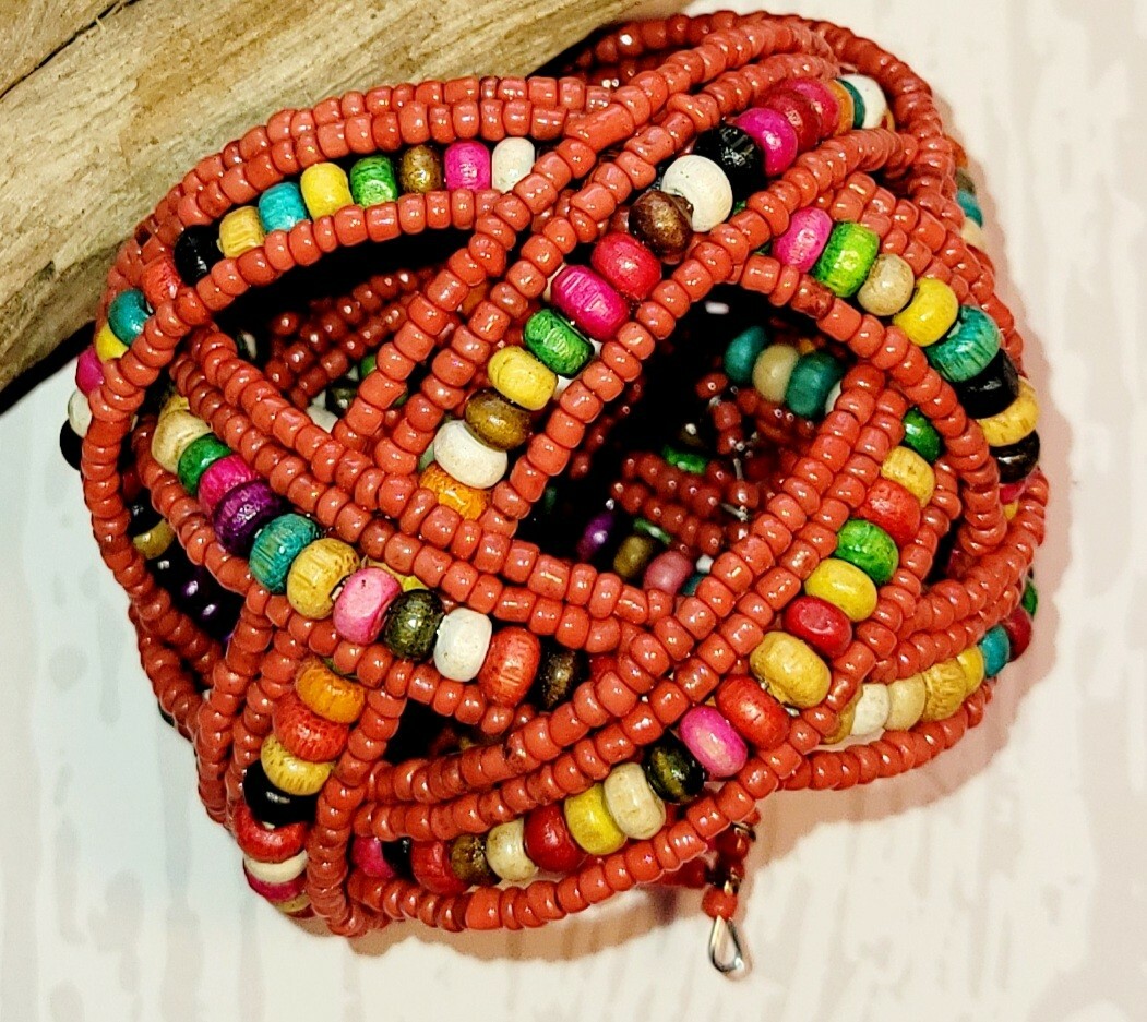 Red/Multi-Colored  Glass & Wood Beaded Cuff Bracelet ,Approx. 7 in.