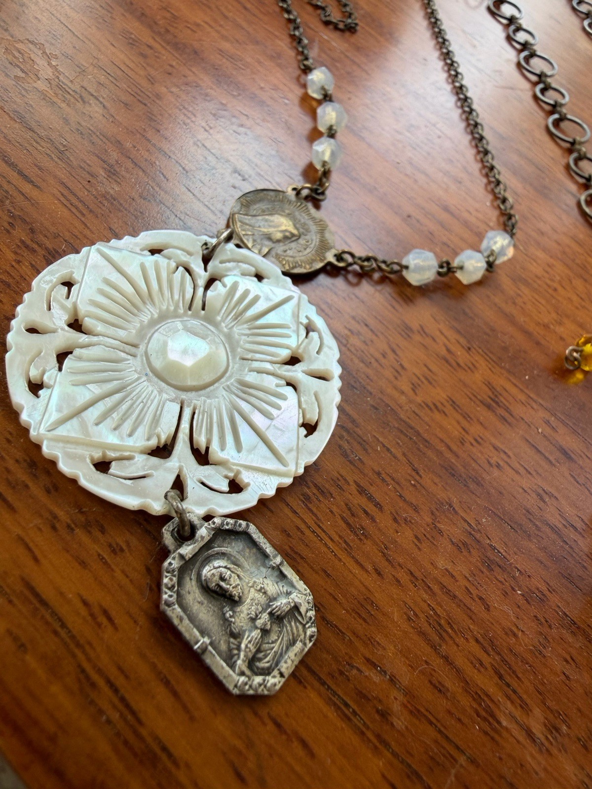Religious Medallion Pendant Necklace White Round Glass Stone Silver Bead Chain