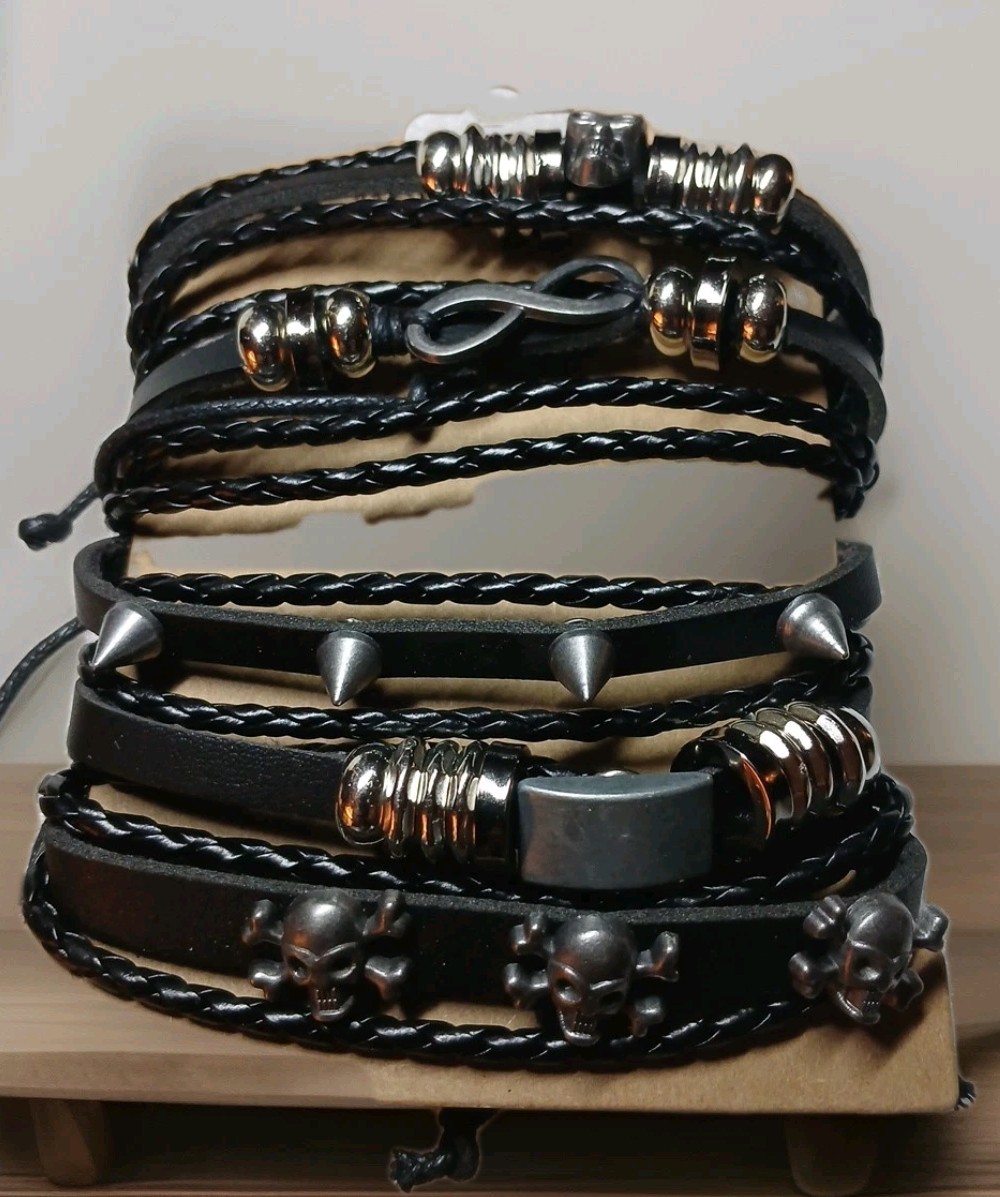 5PACK! LEATHER Tie Up Bracelets! 5 Styles, Skulls,spikes Goth,Biker