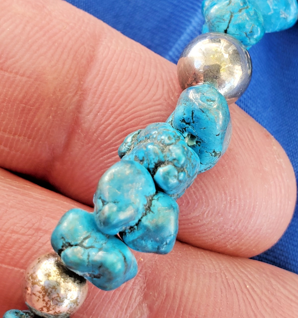 Original NATIVE VINTAGE NAVAJO TURQUOISE STERLING SILVER Beads NECKLACE 21″ INCH