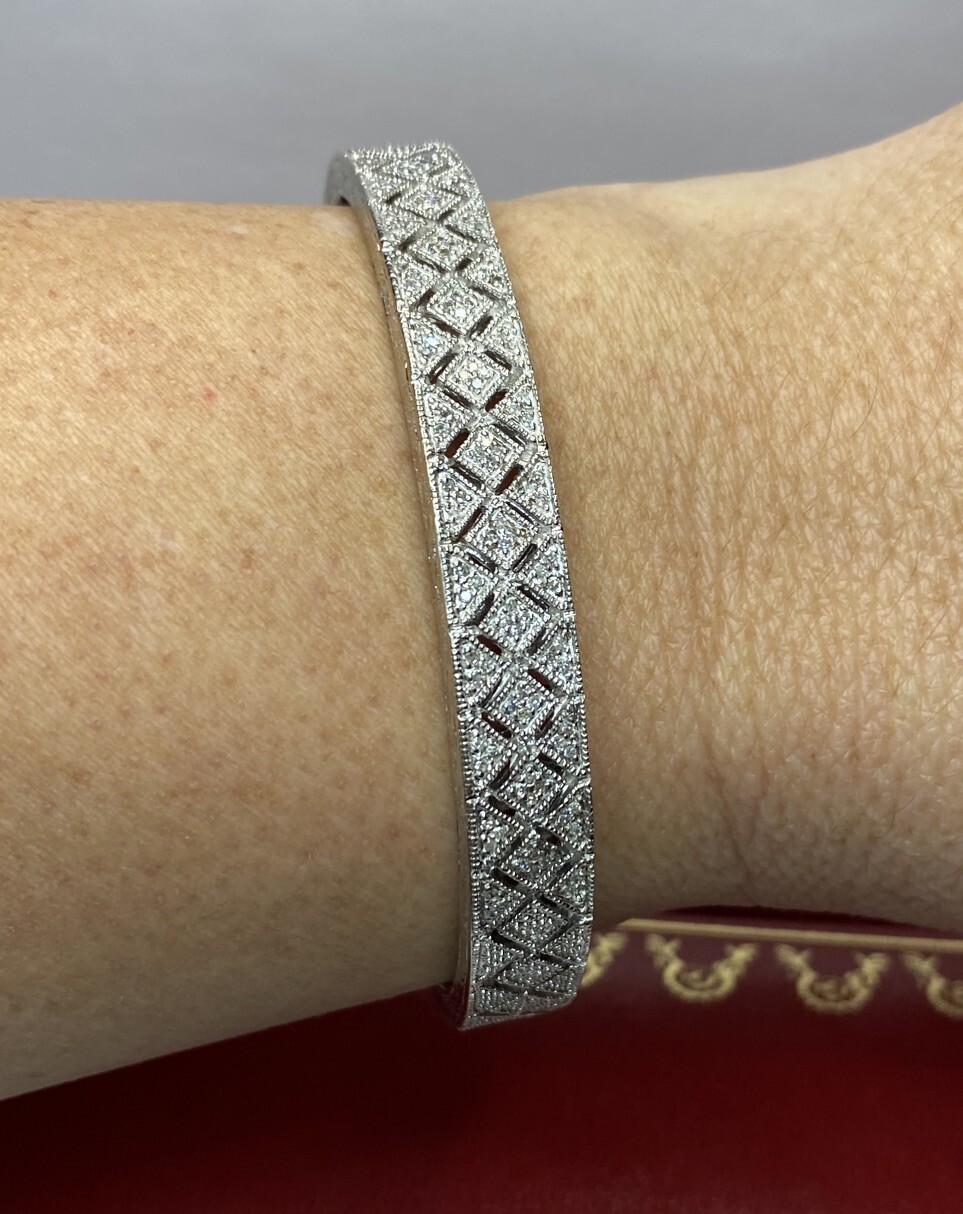 Sterling Silver Diamond Pave Edwardian Antique Tennis Cuff Bangle Bracelet 6 3/4