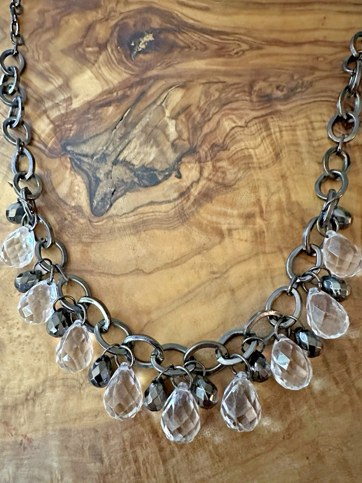 Crystal Teardrop Necklace Dangle Chain 18” Gun Metal Tone Chain Statement Chic