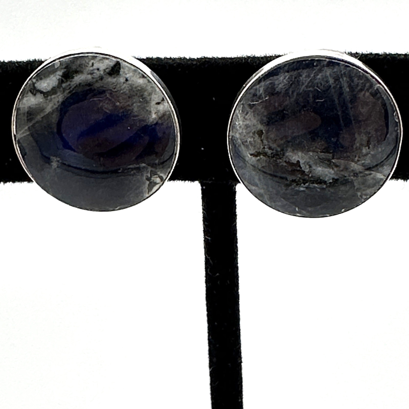 LABRADORITE vintage earrings – round blue-flash gray stone signed 3/4″ clip-ons
