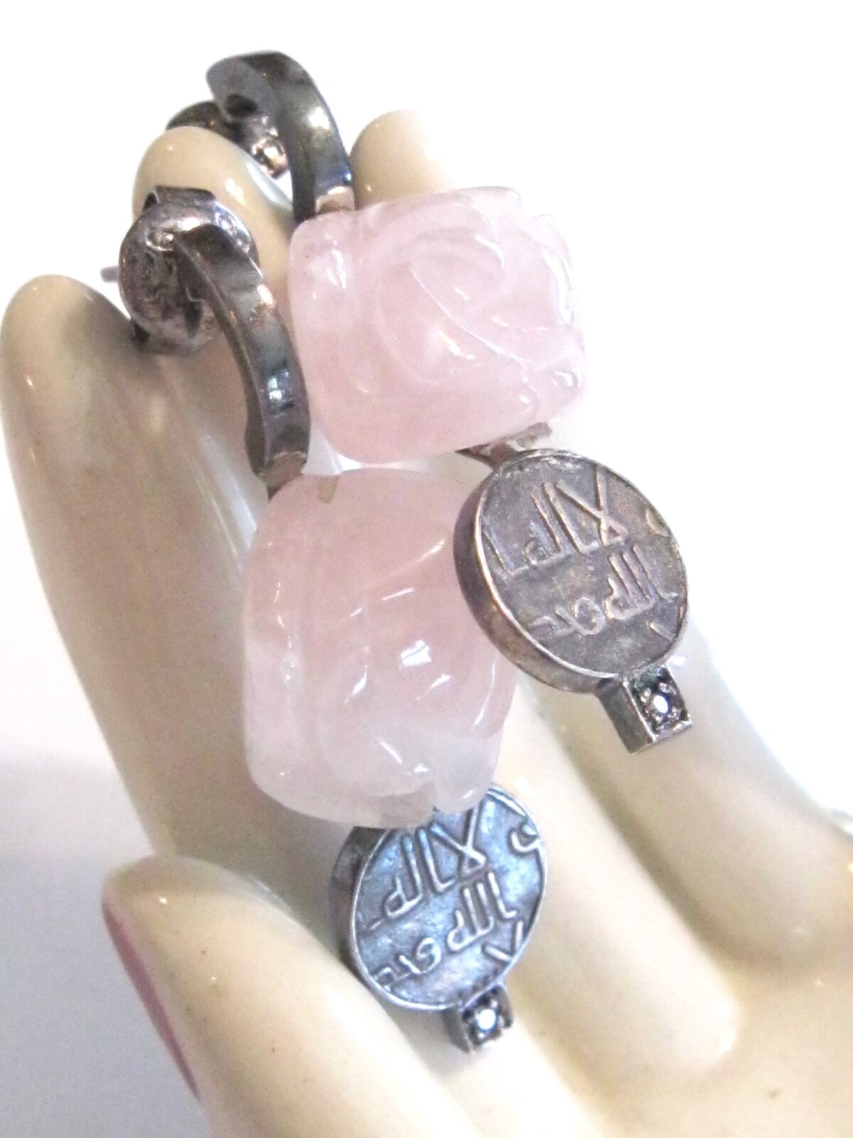 HANDMADE POST EARRINGS FLORAL CARVED ROSE QUARTZ COINS DIAMONDS MYSTERY NUMBER