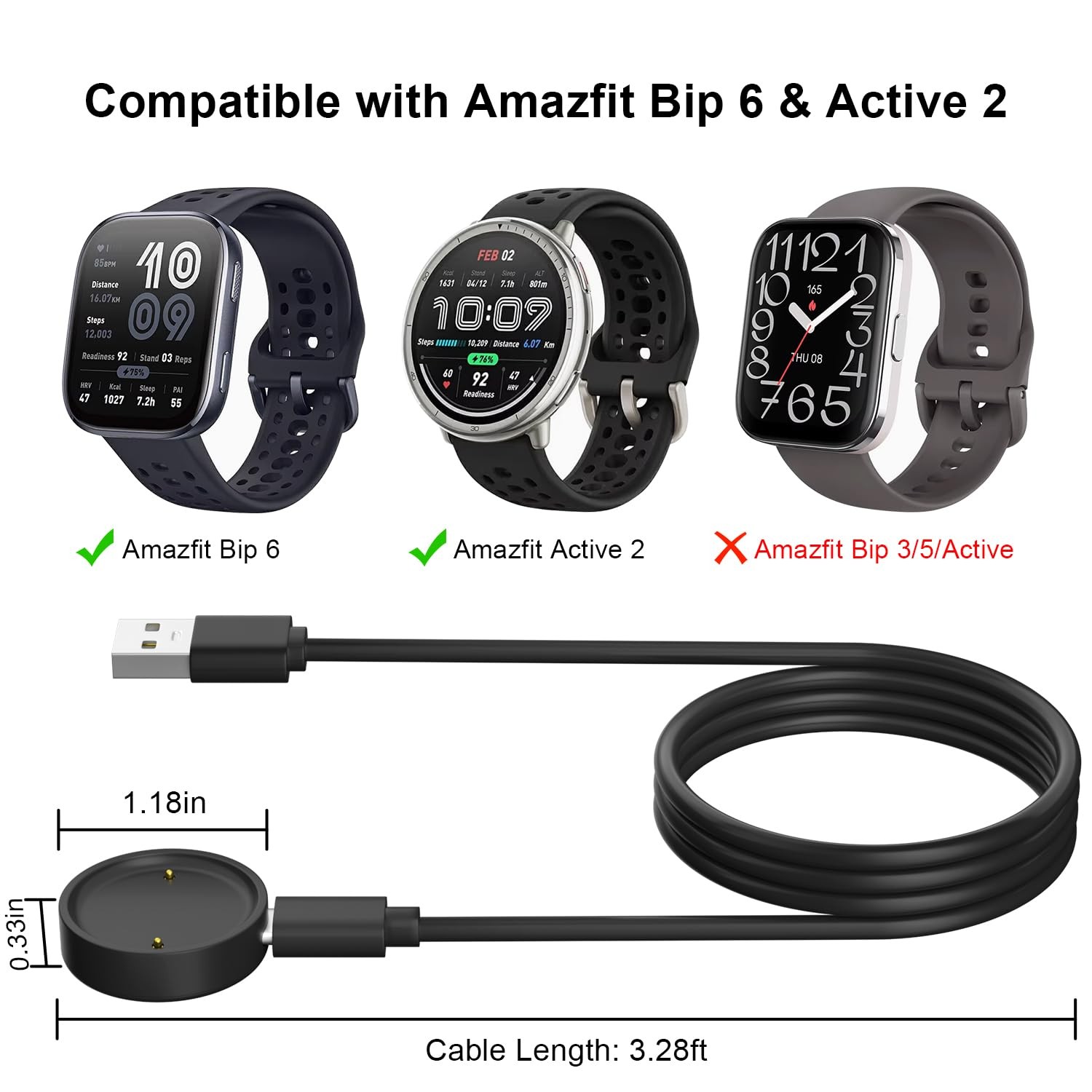 Charger Replacement USB Magnetic Charging Cable 3.3Ft for Amazfit Bip 6/Active 2