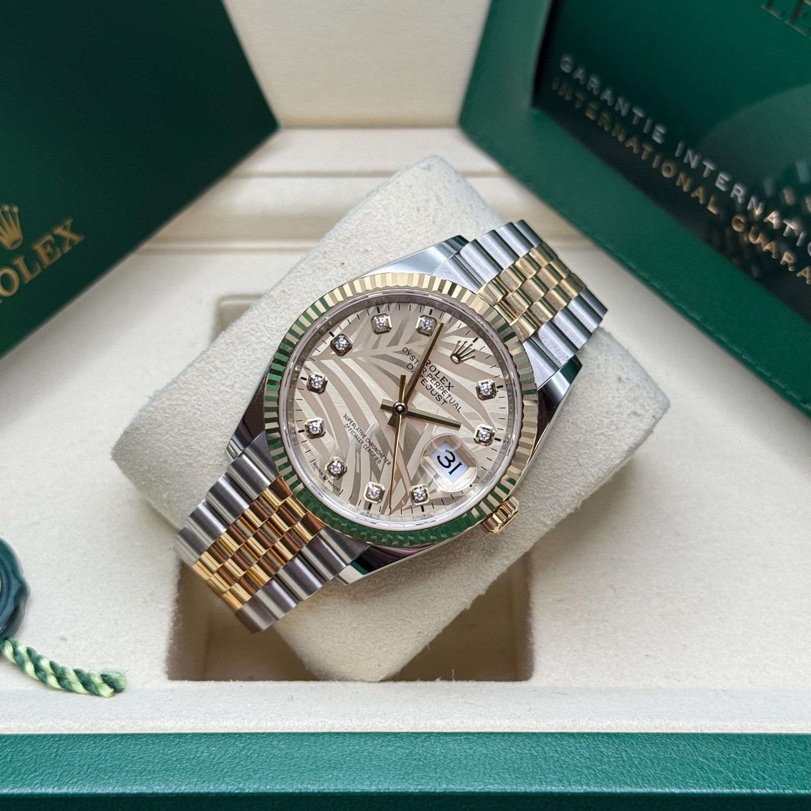 Rolex Datejust 36 Champagne Palm Diamond Two Tone Yellow Gold Fluted Jubilee