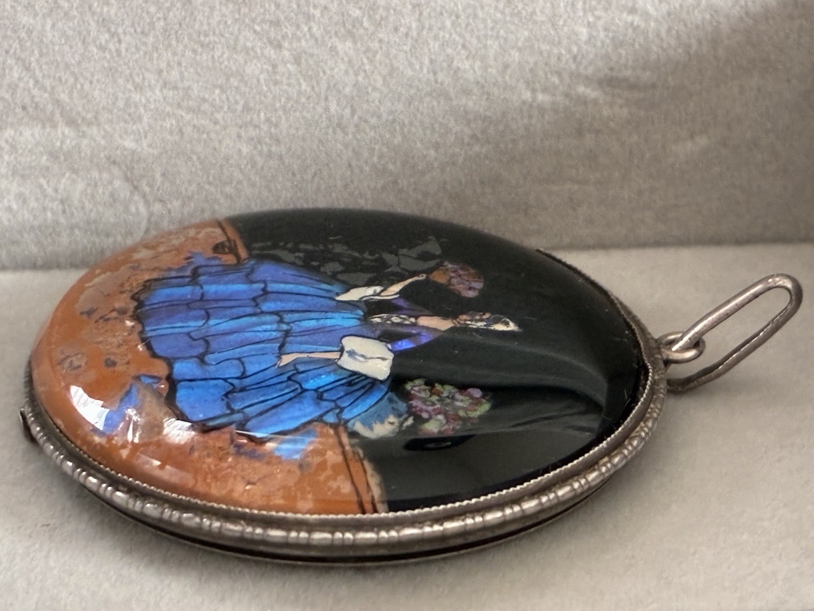 RARE Sterling Very Large & Early TLM Butterfly Wing Pendant Compact Crinoline