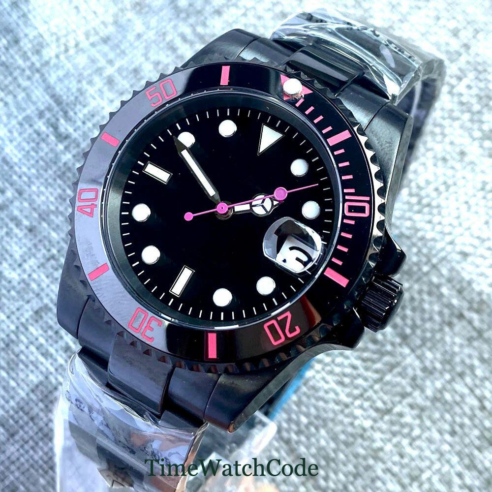 40mm Sapphire Automatic Mechanical Mens Watch NH35 Date Black PVD Steel Bracelet