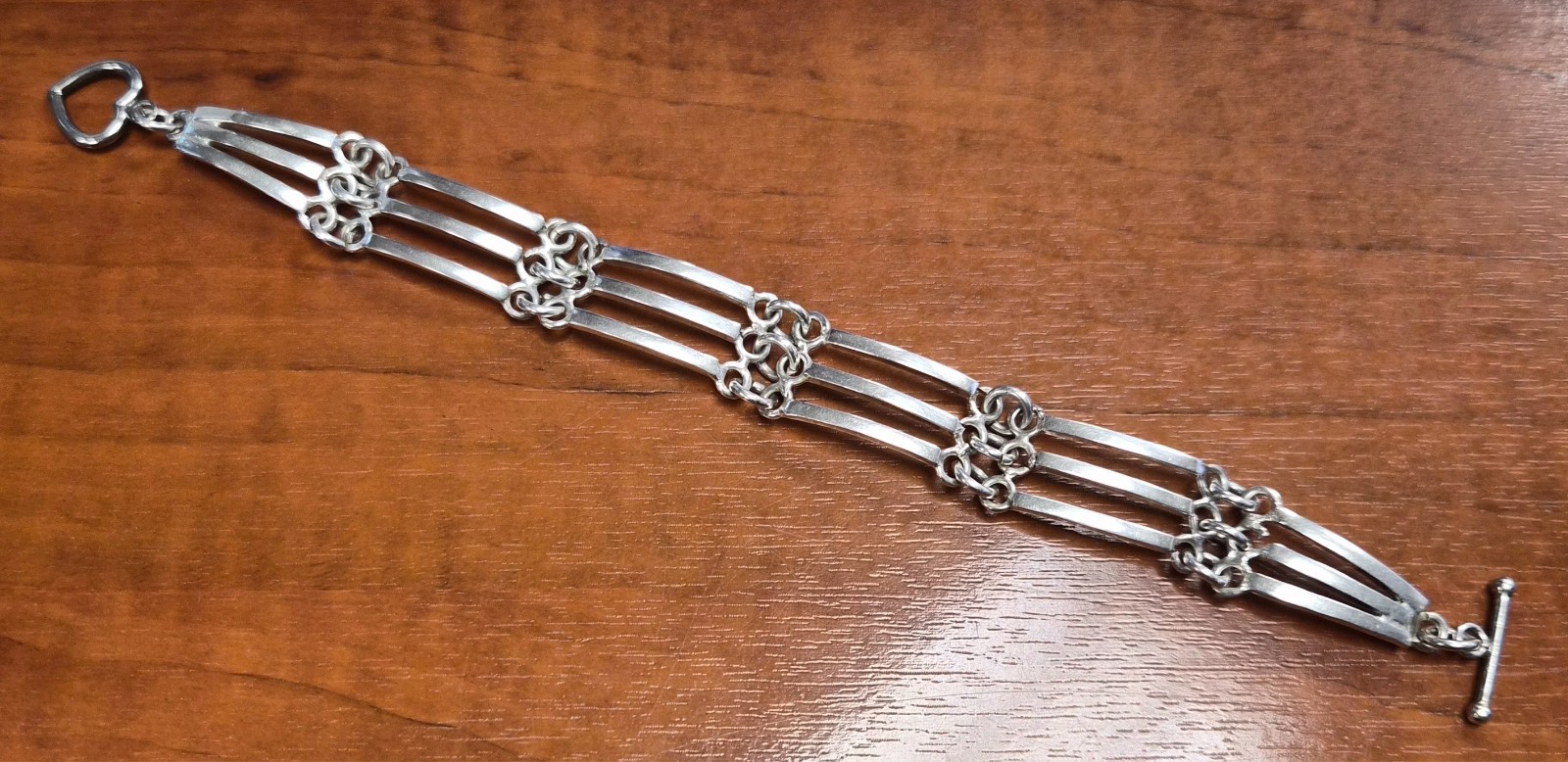 Vintage Mexico Taxco 925 Sterling Silver Modernist 3 Bar Link 8″ Toggle Bracelet
