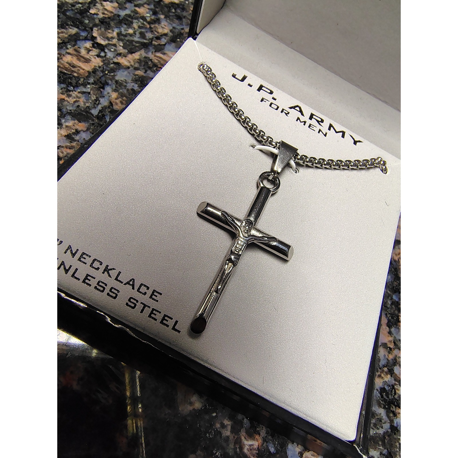 JP Army For Men Stainless Steel Crucifix Cross Pendant Necklace 24 Inch Chain