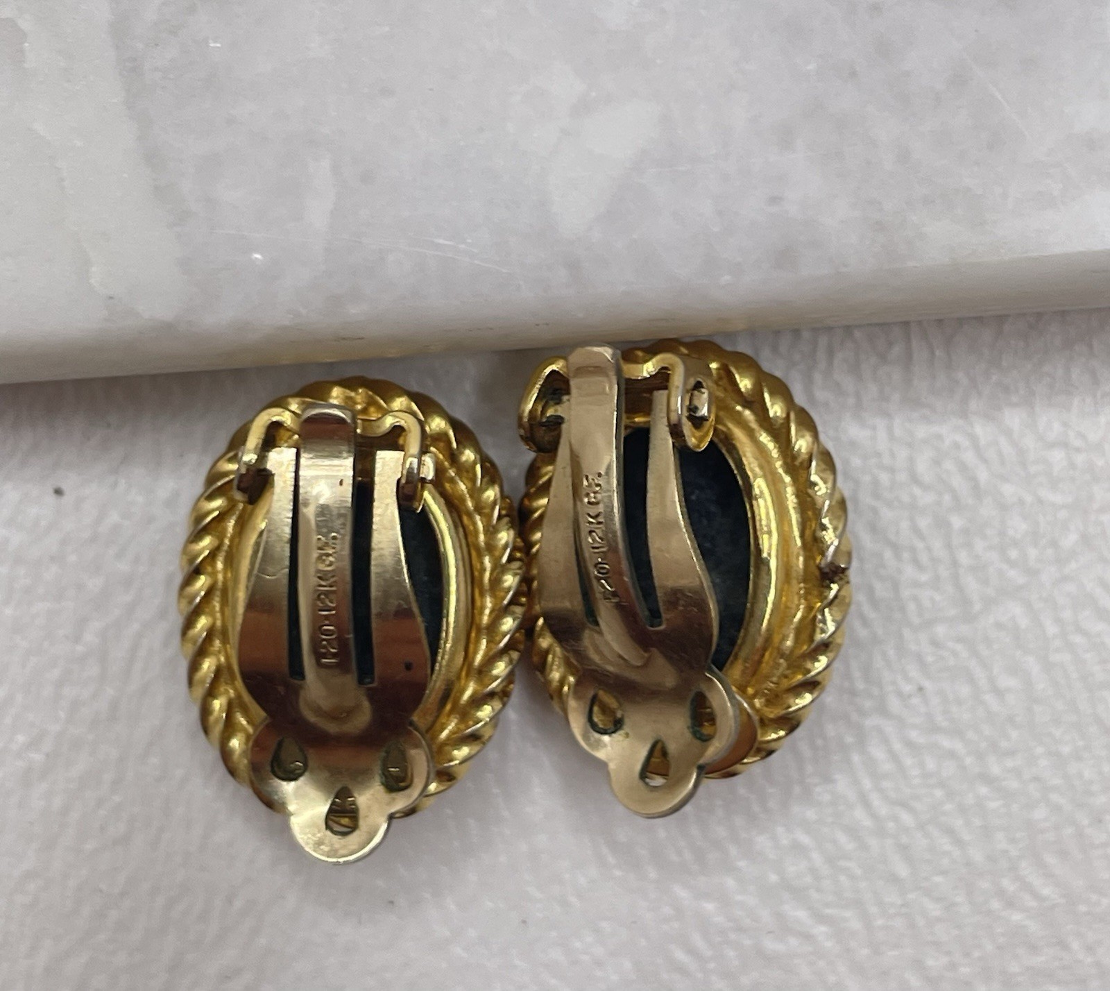 Vintage Burt Cassell Brooch Clip Earrings 12K Gold Filled Carved Green Stone