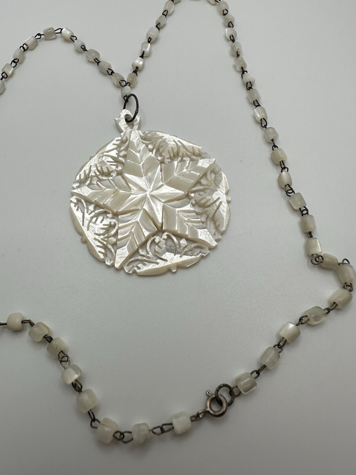 Vintage Sterling Silver Mother Of Pearl Star Pendant 5.8cm Necklace 19” JB22