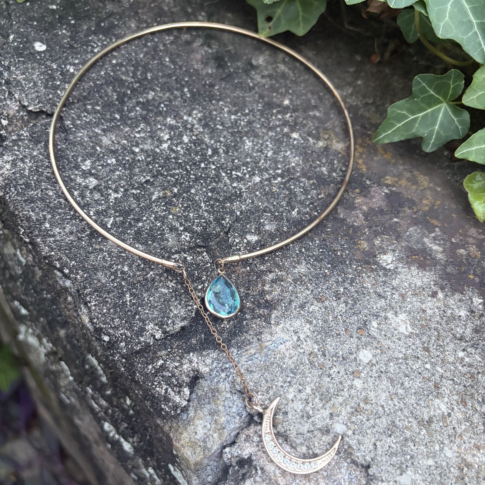 Gold Tone Crescent Moon Teardrop Aquamarine Rhinestone Open Collar Choker