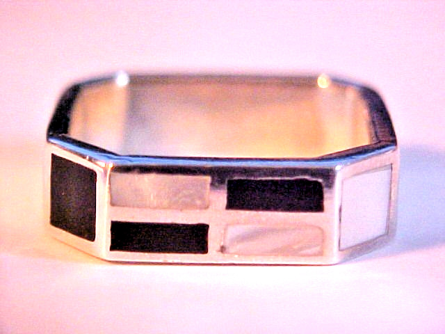 CUSTOM STERLING SILVER BAND w/ GEN NATURAL BLACK ONYX & MOP INLAY 2 SIZES AVAIL