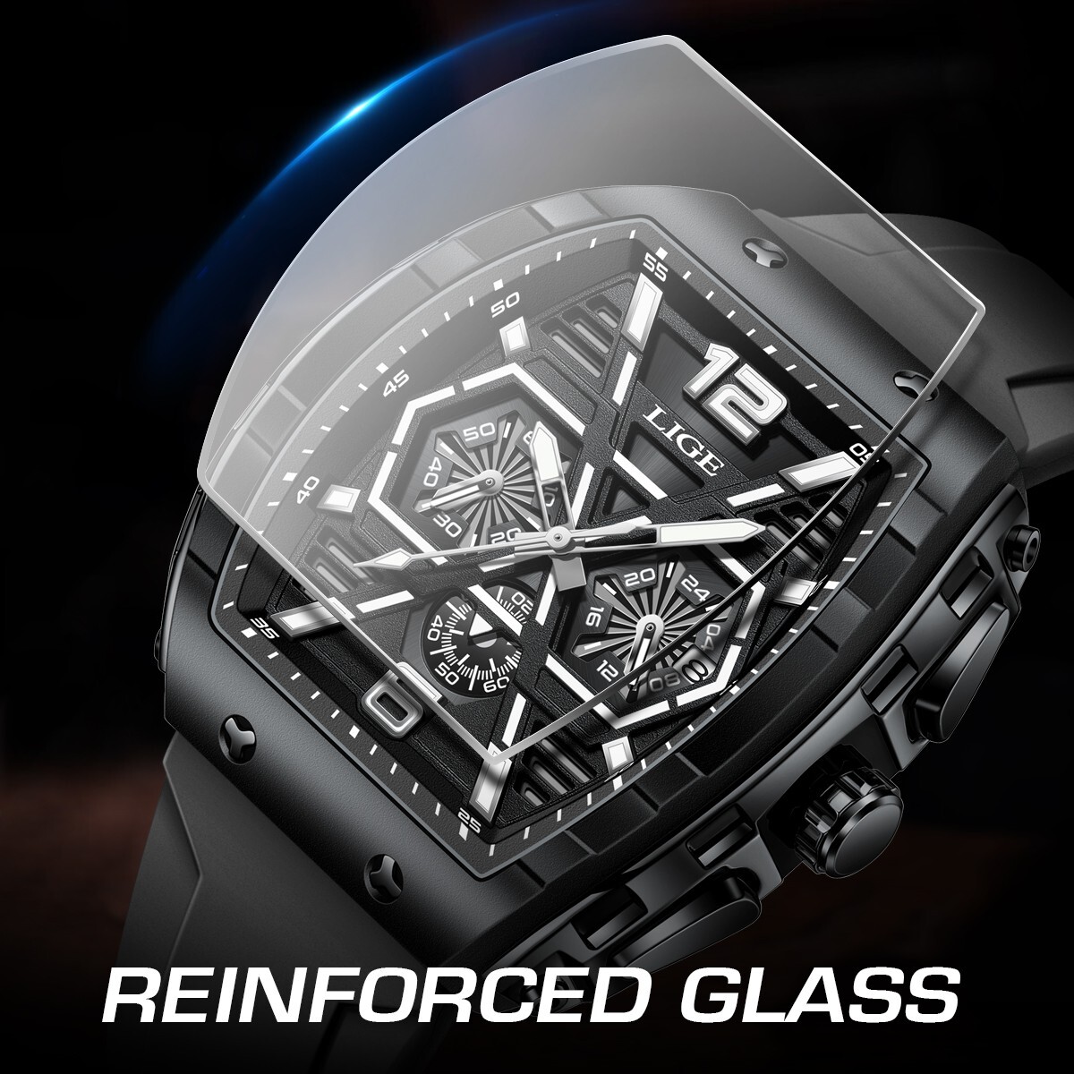 Men Watch Quartz Date Luminous Big Square Dial 5ATM Waterproof Sport Wristwatch