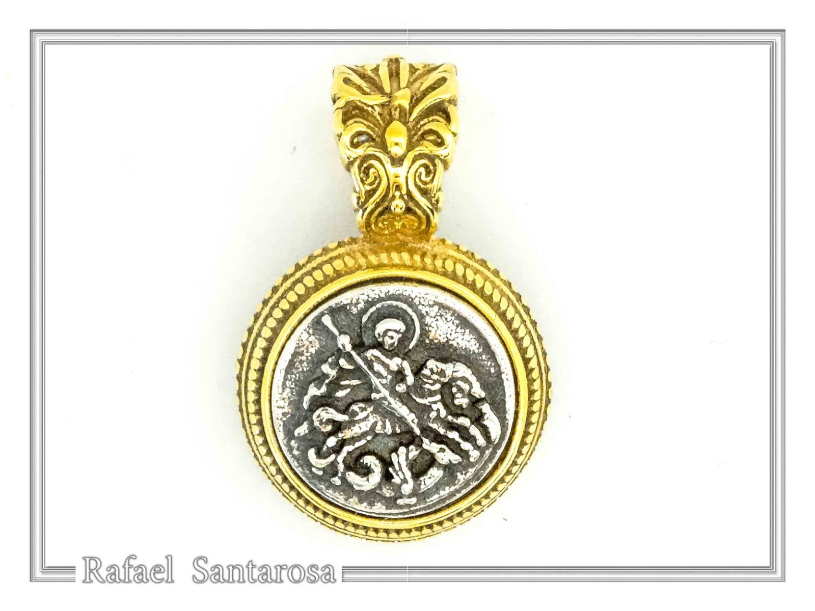 St. George killing Evil talisman charm oxidized silver coin 18ct filligree decor