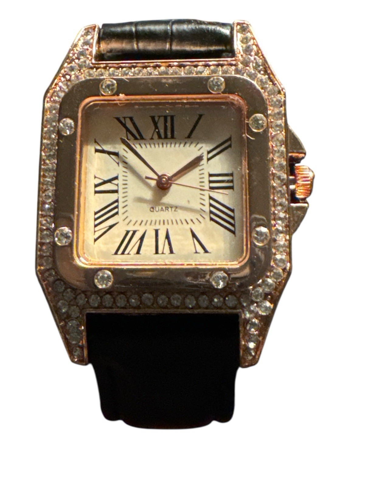 Women PU Leather Rhinestone Watch and Rose Gold Bracelet 2 Piece Set