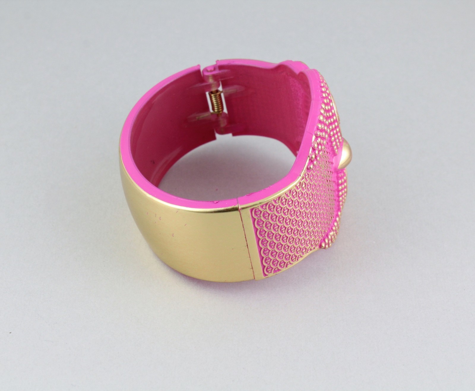 Owl bracelet Pink Gold carved textured bird plastic hinged bangle cuff