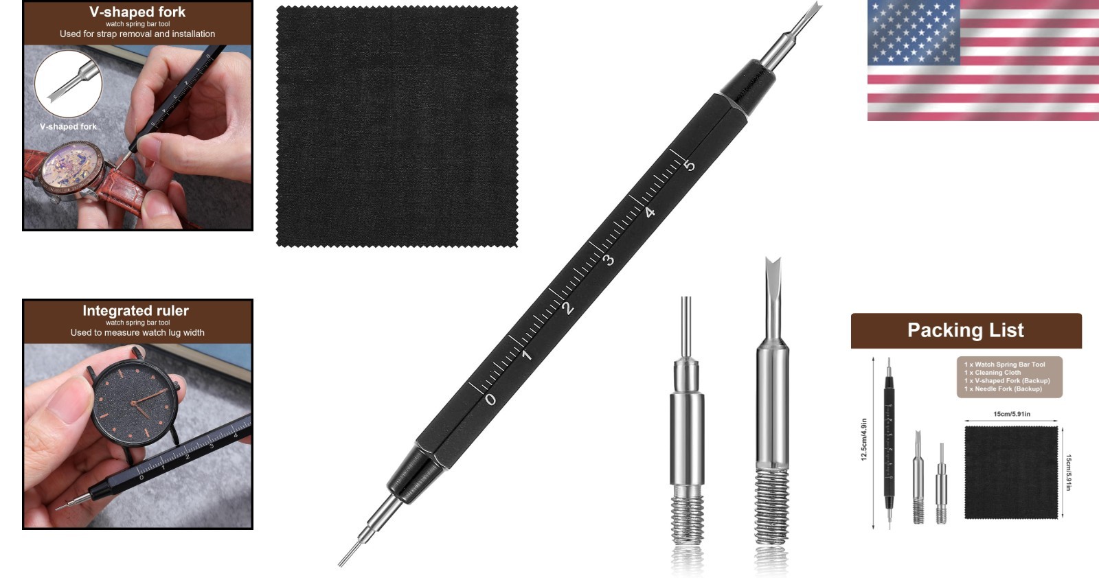 Compact Watch Spring Bar Tool Set with High-Density Cleaning Cloth Included