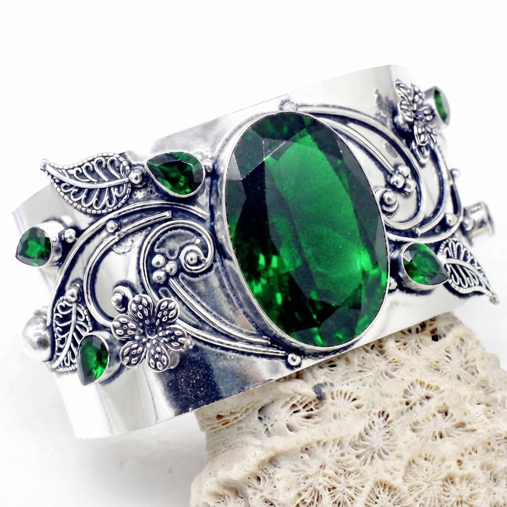 Green Chrome Diopside Gemstone Cuff Bracelet 925 Sterling Silver Jewelry ADJ”