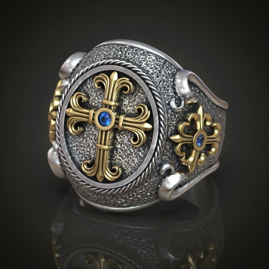 Oxidized Men’s Religious Christianity Cross Textured 925 Silver Statement Rings