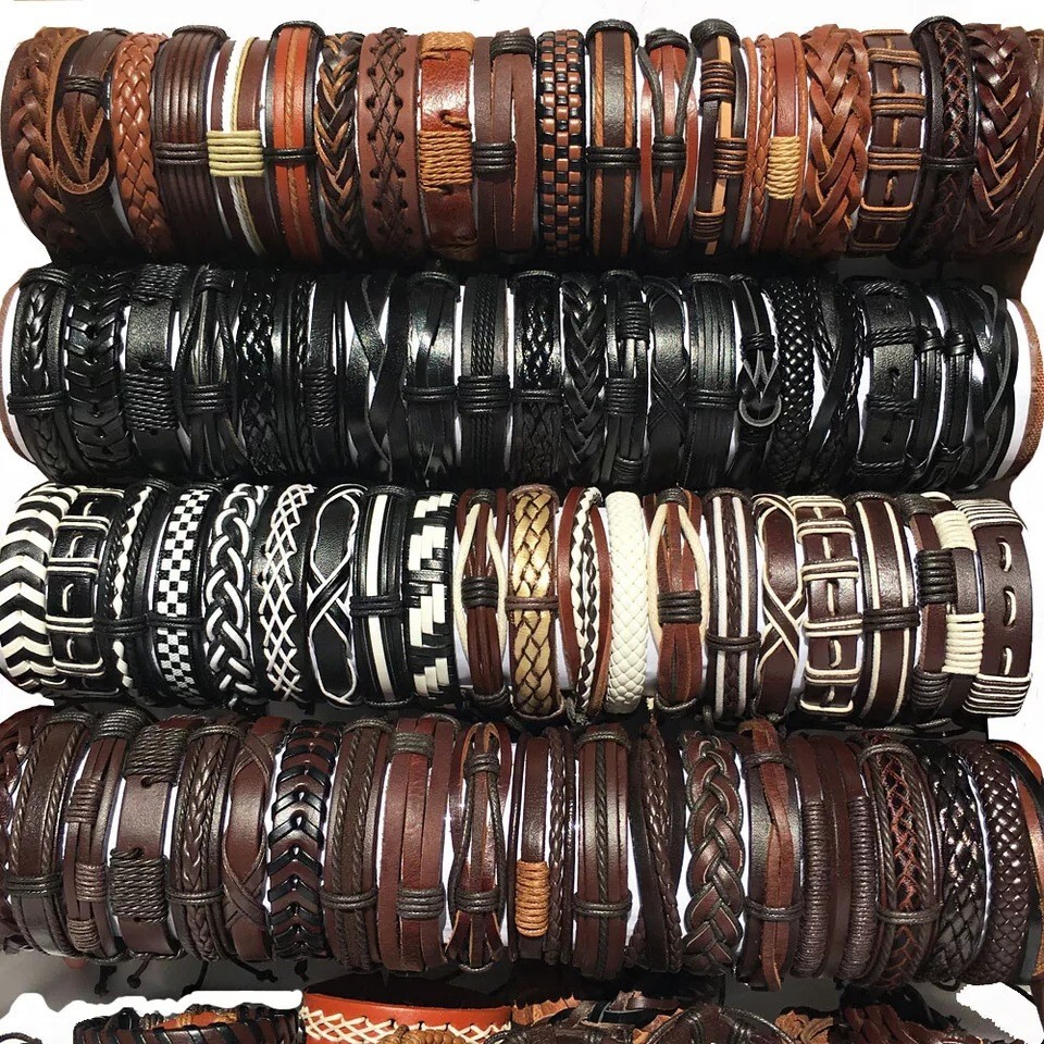 30pcs Bulk Vintage Leather Cuff Bracelets Mixed Style Colorful Jewelry Wholesale