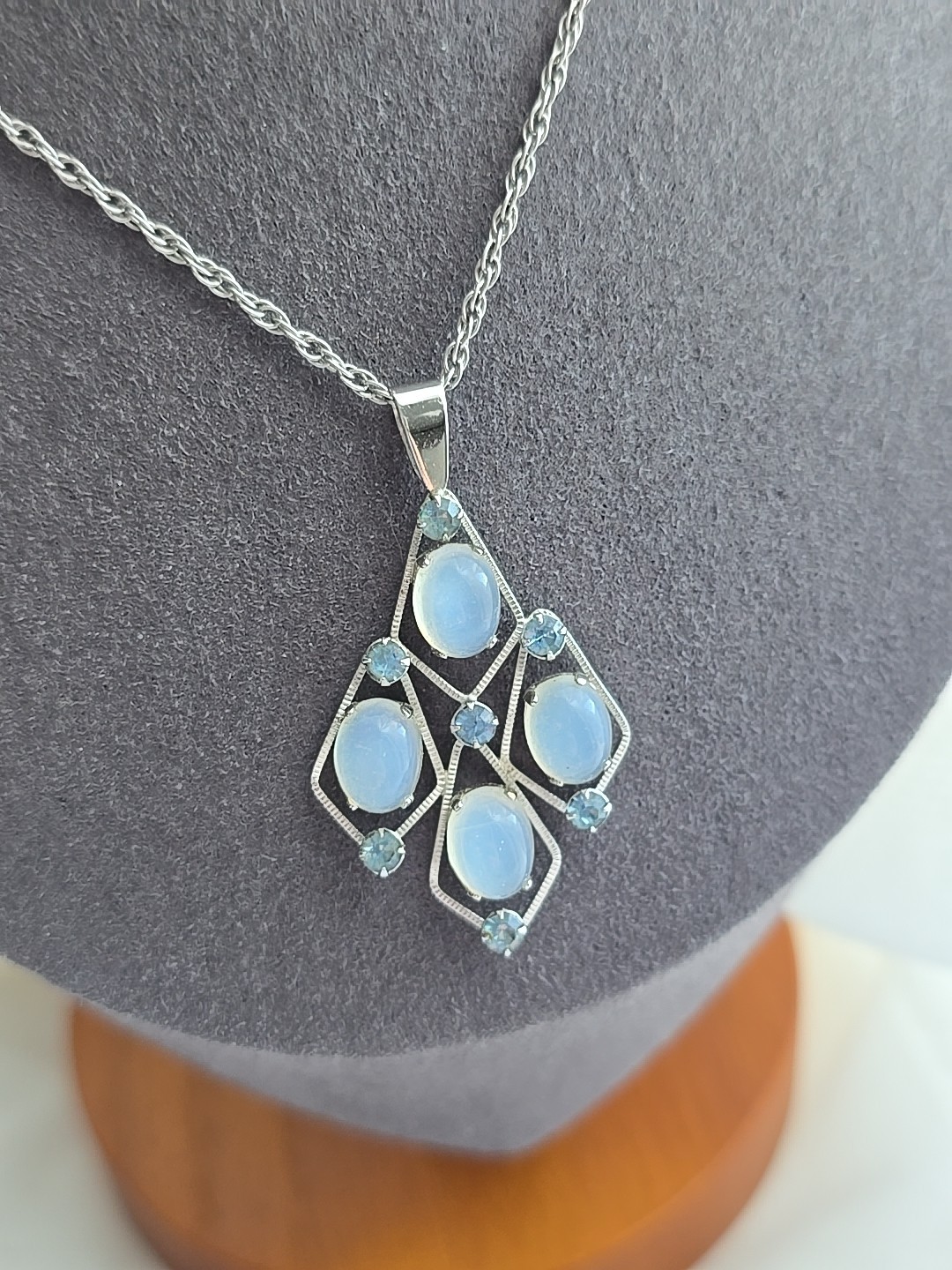 1950s VAN DELL MOONSTONE BLUE RHINESTONE 925 PENDANT & EARRINGS