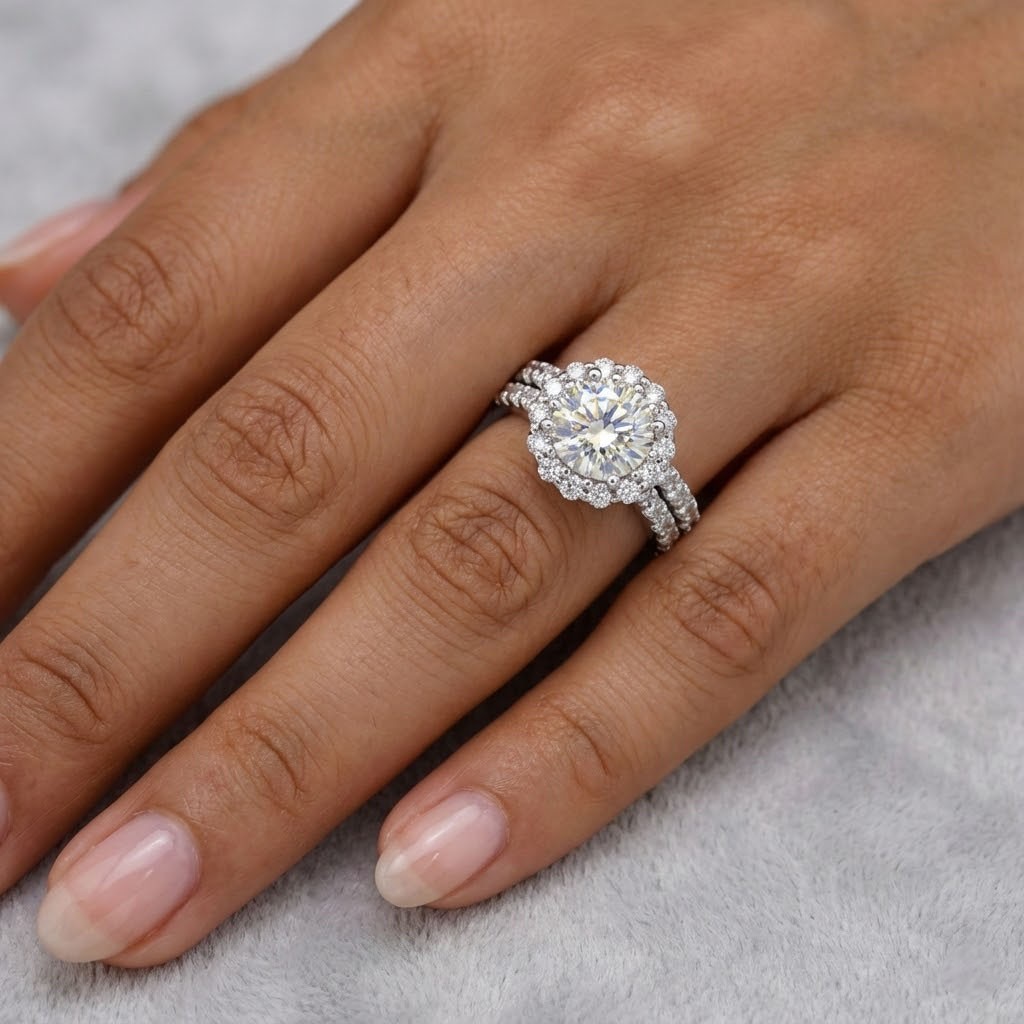 Halo Engagement Ring Set 14K White Gold 2.82 Carat Round Lab-Grown Diamond H SI1